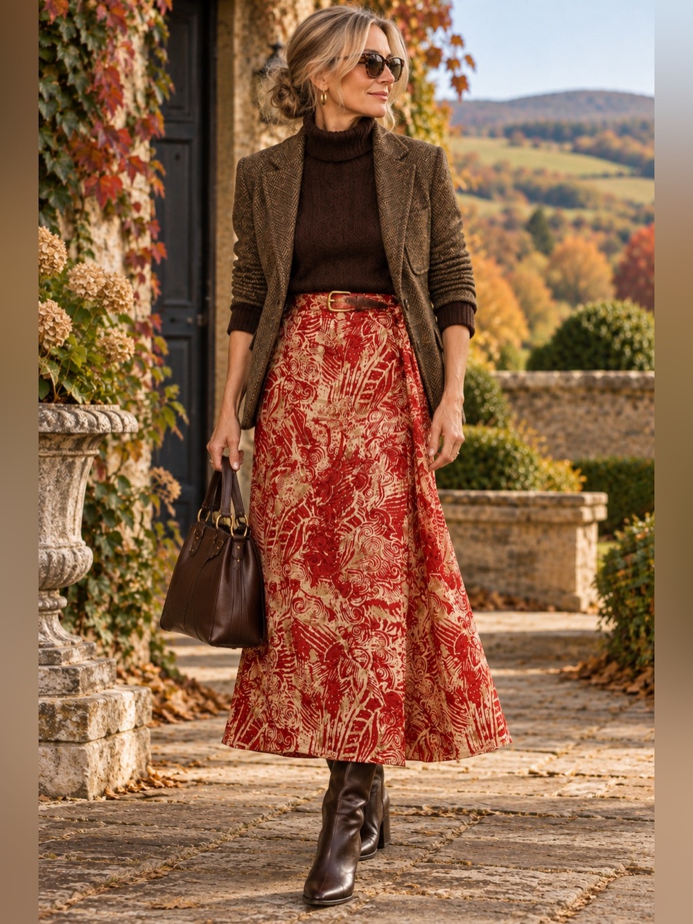 100% Silk Wrap Maxi Skirt Red Cream Print Size 8
